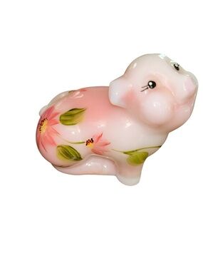 Fenton Pink Art Glass Juliet Pig Figurine Retired Hand Painted Floral Signed